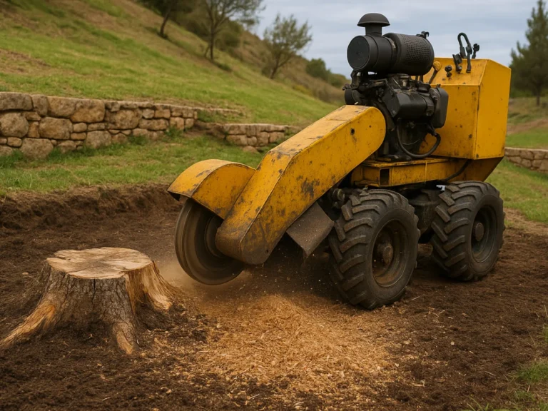 Rognage de souche par machine spécialisée sur terrain aménagé