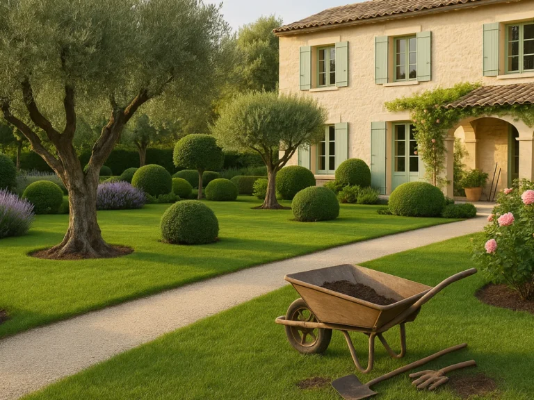 Jardin parfaitement entretenu avec topiaires et oliviers dans une propriété à La Ciotat