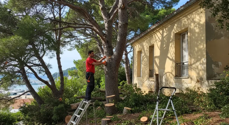 Intervention d'abattage d'arbre sur site.
