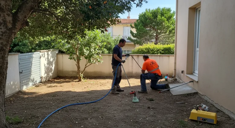 Travaux de jardinage en cours dans une arrière-cour.