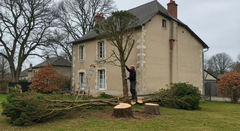 Élagage professionnel d'arbres près d'une maison.