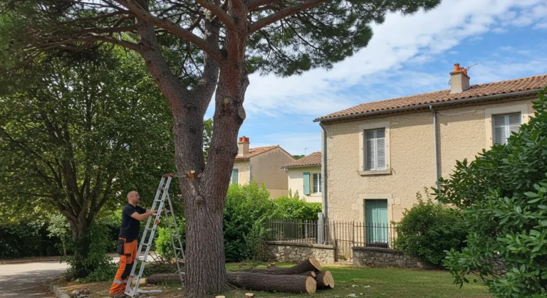 Jardinier élaguant un grand arbre à Sanary-sur-Mer.