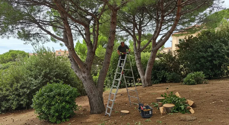 Professionnel en pleine action sur échelle.