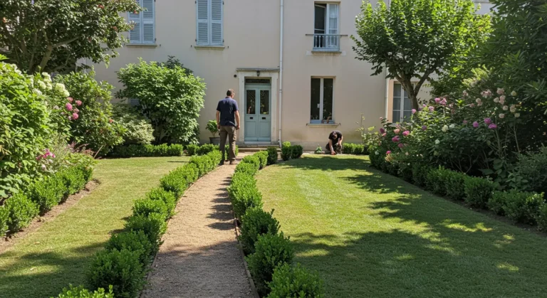 Jardin aménagé devant une maison.